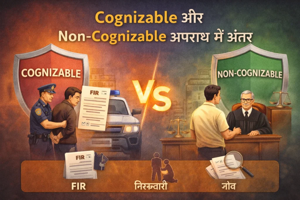 Cognizable aur Non-Cognizable apradh ka antar dikhata hua chitra jisme police, FIR aur court ki bhumika samjhai gai hai