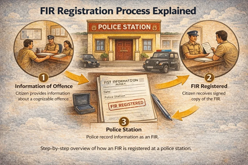 Step by step process of FIR registration at a police station in India explained with simple illustration