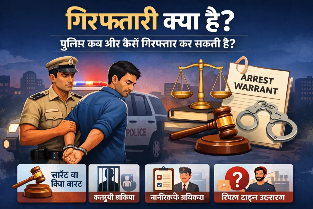 गिरफ्तारी क्या है – पुलिस द्वारा गिरफ्तारी की कानूनी प्रक्रिया, बिना वारंट गिरफ्तारी और नागरिकों के अधिकार का चित्र