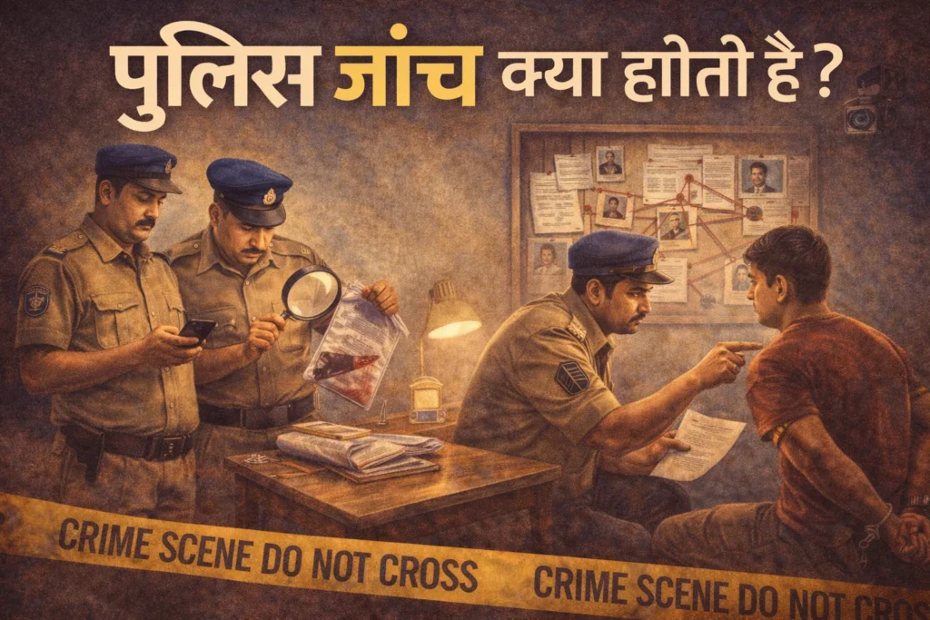 Police investigation process in India showing evidence collection, interrogation, and case analysis