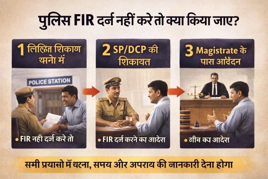 Steps to follow if police refuse to register FIR in India including written complaint to police station SP or DCP and application before magistrate