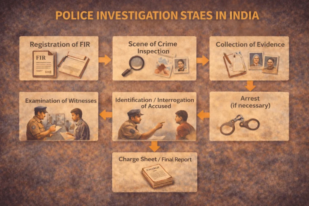 पुलिस जांच के चरण दिखाने वाला चार्ट – FIR से लेकर Charge Sheet तक की प्रक्रिया