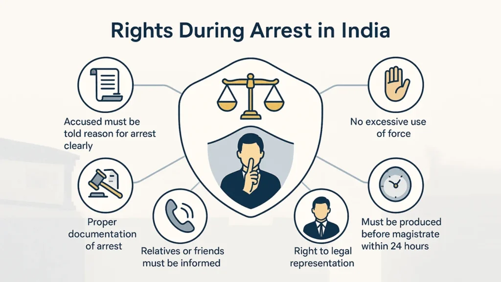 भारत में गिरफ्तारी के दौरान अधिकारों को दर्शाने वाला एक इंफोग्राफिक, जिसमें वकील की सुविधा, 24 घंटे में मजिस्ट्रेट के सामने पेशी और गिरफ्तारी का कारण जानने जैसे कानूनी अधिकारों को चित्रों के माध्यम से समझाया गया है।