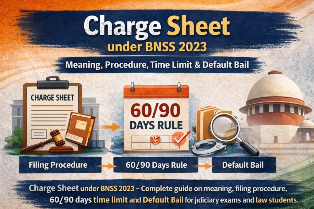 Infographic explaining Charge Sheet under BNSS 2023 with filing procedure, 60/90 days rule and Default Bail concept, featuring legal documents, calendar and Supreme Court visuals.