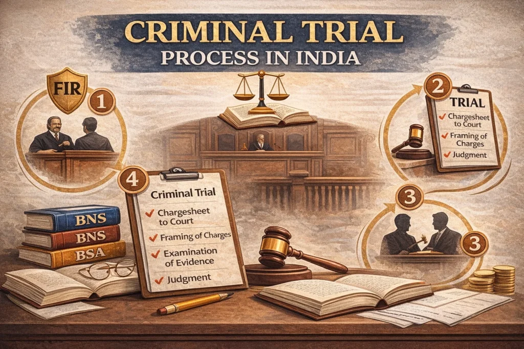 Criminal Trial Process in India infographic showing FIR, chargesheet, framing of charges, examination of evidence, and judgment stages in a courtroom background.