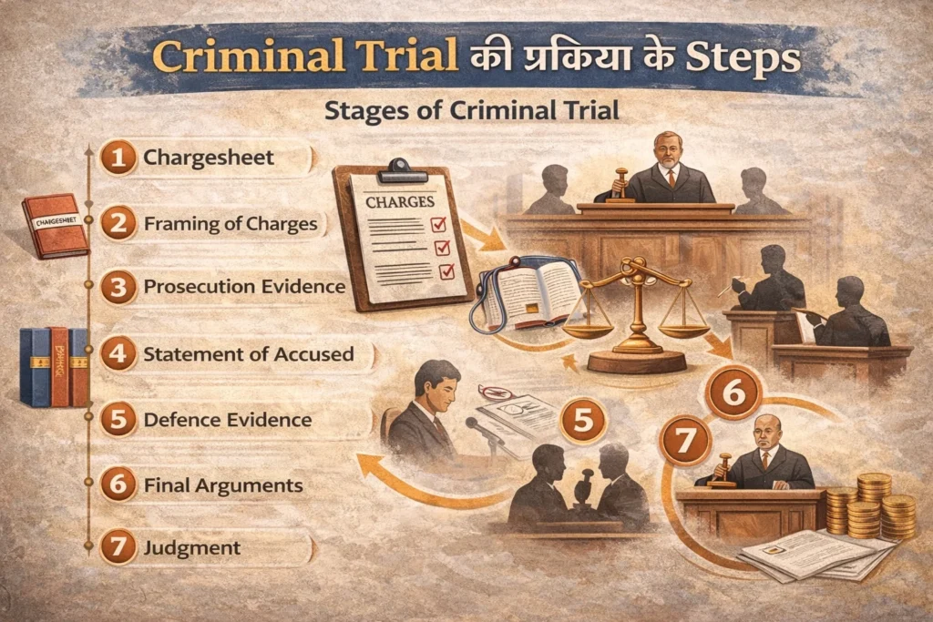 Criminal trial process in India showing prosecution and defence lawyers arguing before a judge in a courtroom.