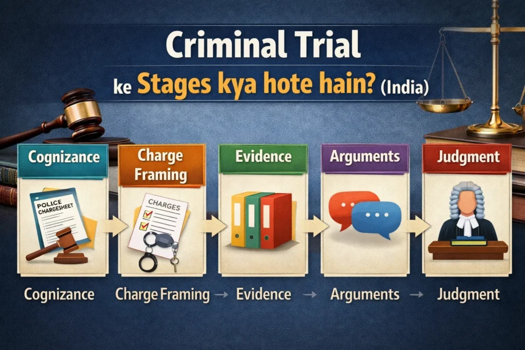 Criminal trial stages in India explained through cognizance, charge framing, evidence, arguments, and judgment for judiciary exam preparation.