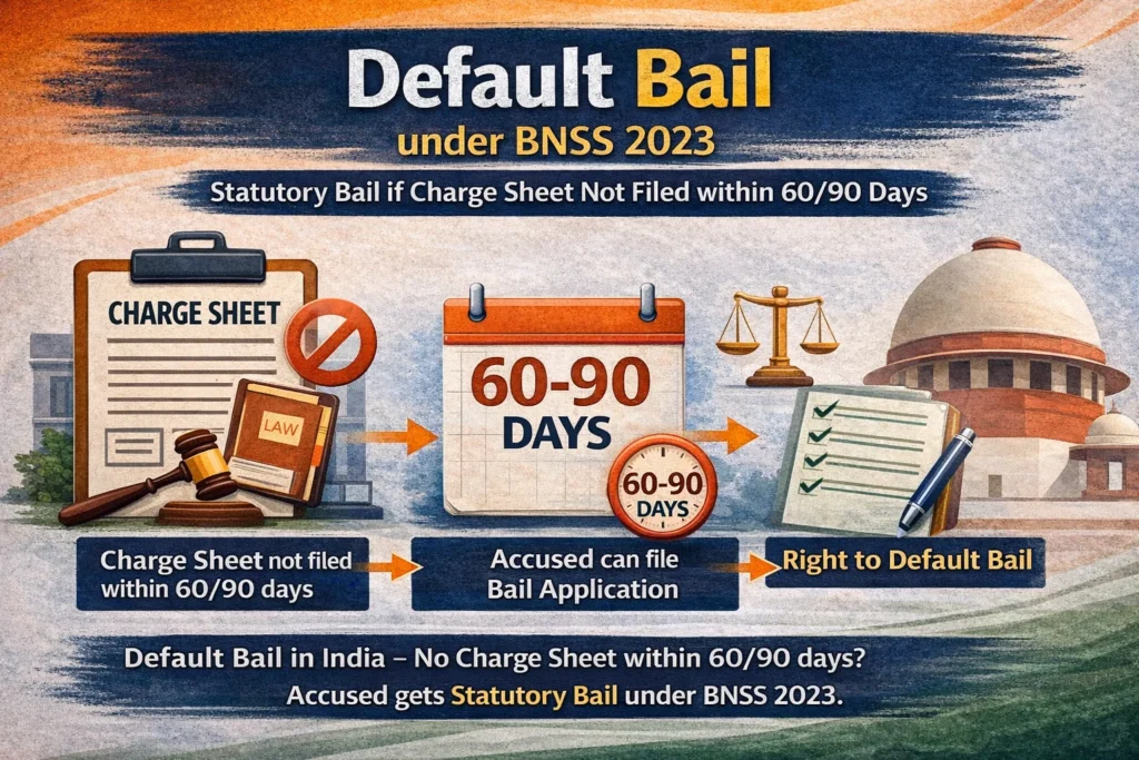Infographic explaining Default Bail under BNSS 2023 showing 60/90 days rule, charge sheet not filed within time limit and accused’s right to statutory bail.