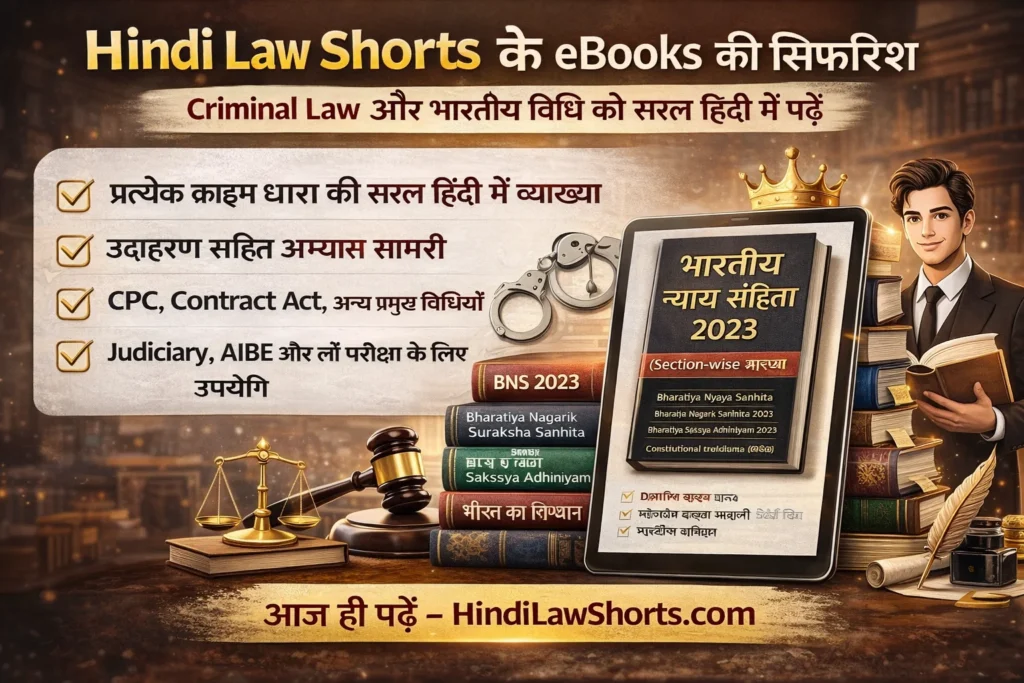 Hindi Law Shorts eBooks suggestion image showing Bharatiya Nyaya Sanhita 2023, BNSS 2023 and BSA 2023 section-wise explanation for criminal law preparation