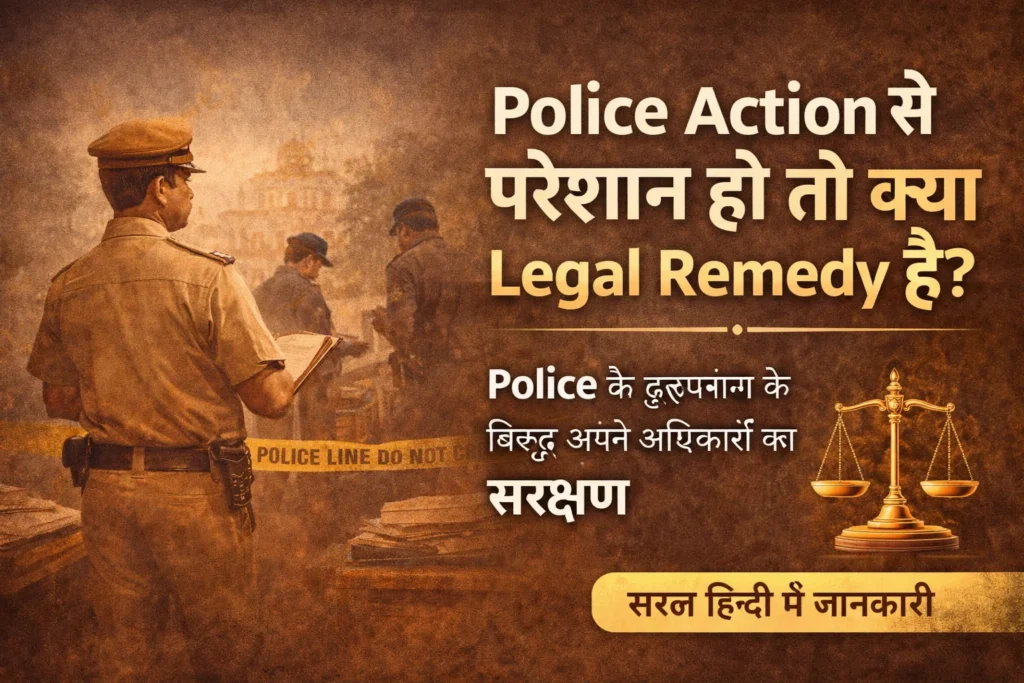 Police action se pareshaan vyakti ke liye legal remedies ko darshata hua ek educational image, jisme police aur kanooni adhikaron ka sandarbh dikhaya gaya hai