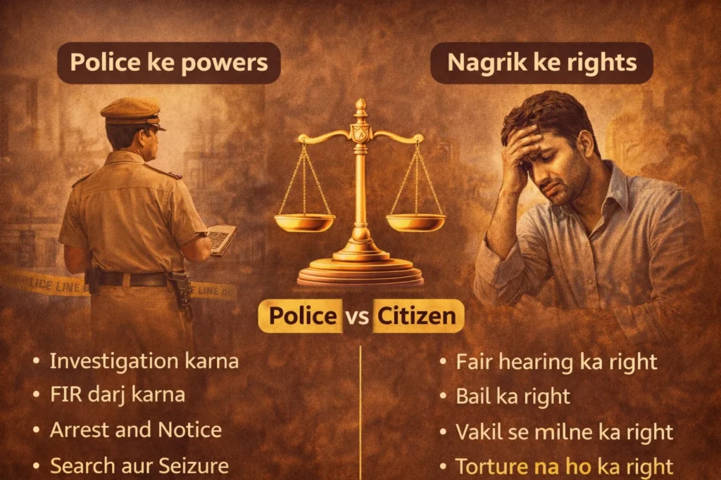 Police ke powers aur nagrik ke rights ke beech santulan ko darshata hua shikshatmak image, jisme police action aur citizen rights ka tulanatmak pradarshan hai