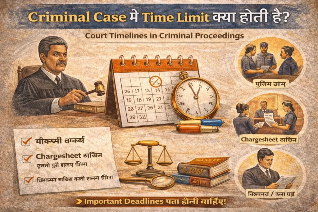 Infographic explaining time limits in a criminal case in India including investigation period of 60 or 90 days, chargesheet filing timeline, and speedy trial concept.
