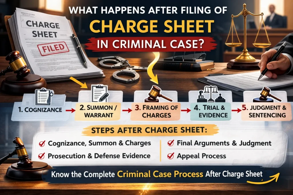 Infographic explaining what happens after filing of charge sheet in criminal case, including cognizance, summons, framing of charges, trial, judgment and appeal process.
