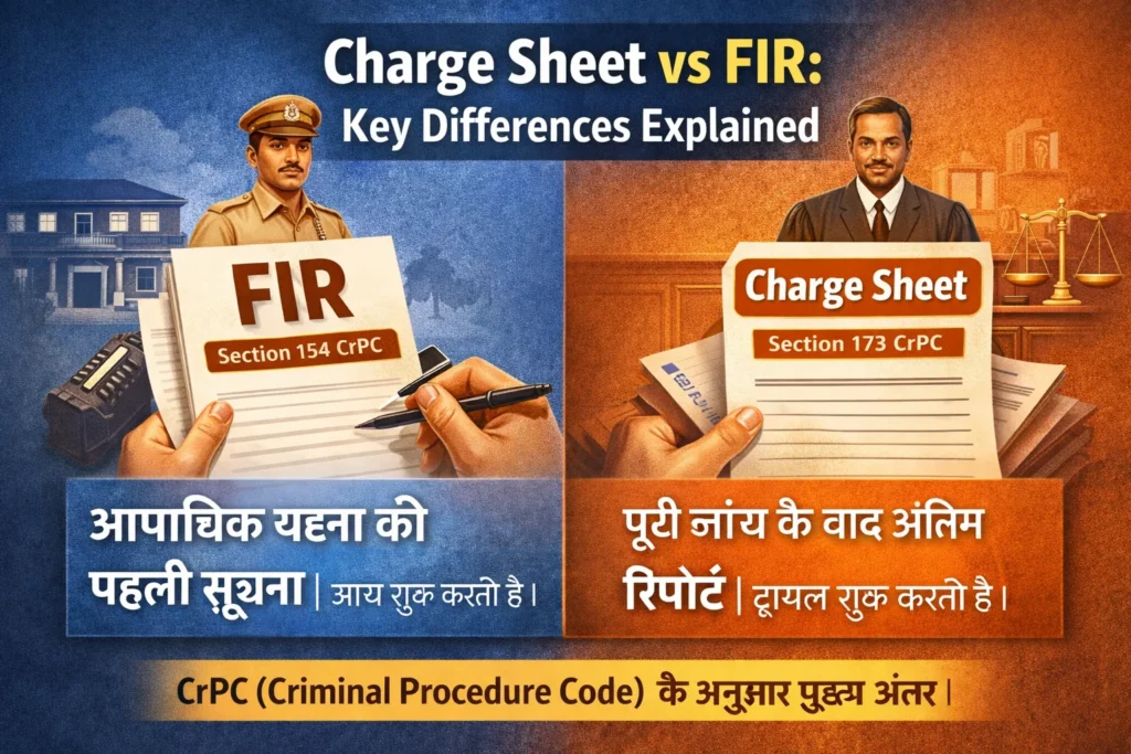 Featured image comparing FIR under Section 154 CrPC and Charge Sheet under Section 173 CrPC, explaining key legal differences in simple Hindi.