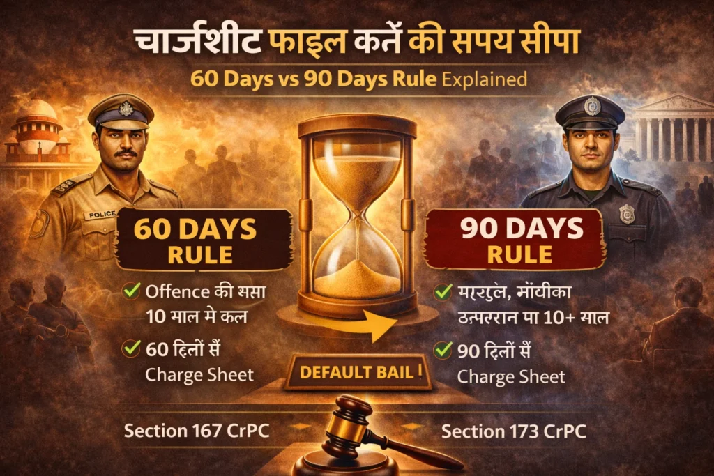 Infographic explaining time limit for filing charge sheet in India under 60 days and 90 days rule with reference to Section 167 CrPC and default bail concept.