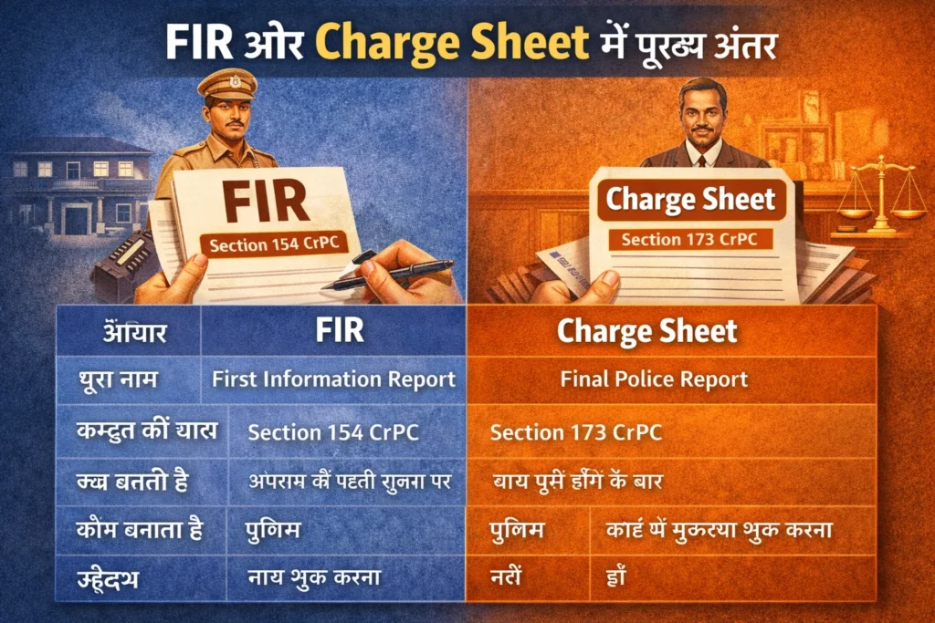 Infographic table comparing FIR under Section 154 CrPC and Charge Sheet under Section 173 CrPC, explaining legal differences in the Indian criminal justice system.