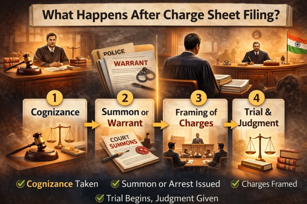 Flowchart infographic showing stages after charge sheet filing including cognizance, summons or warrant, framing of charges, and trial and judgment in criminal case.